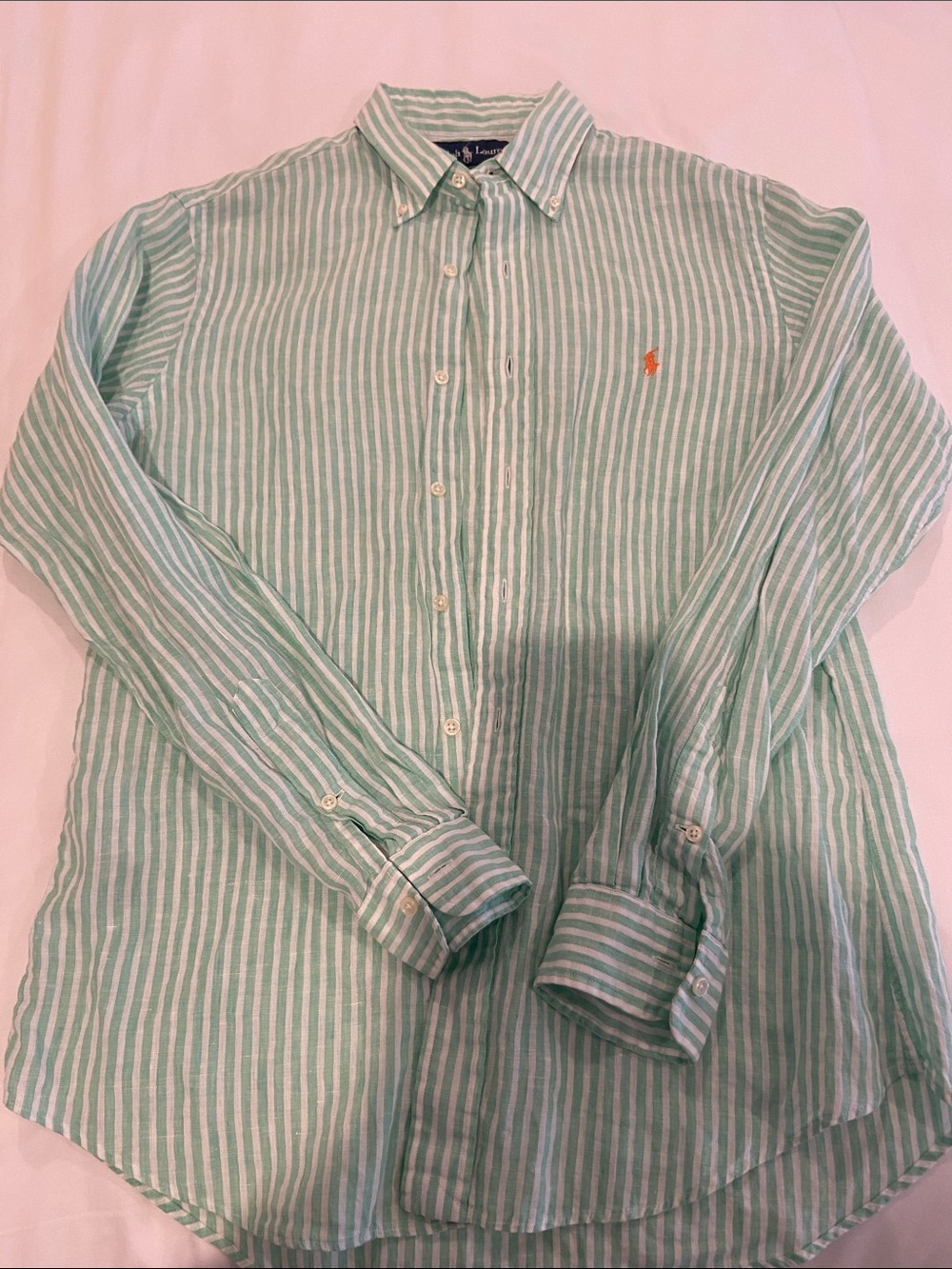 Ralph Lauren Mint and White Striped Linen Button-Down Shirt